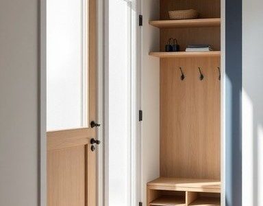 Ljus hall med träytterdörr, skohylla, krokar och förvaring